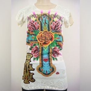 Christian Audigier Women Beige Rhinestones Cross Rose Short Sleeve Shirt